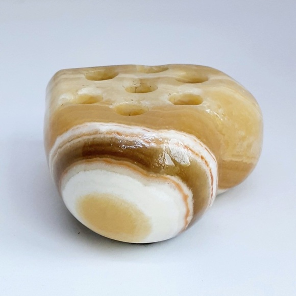 Onyx Stone Heart Pencil Pen Holder Amber Ivory Layered Marbling Desk Top - Picture 4 of 8